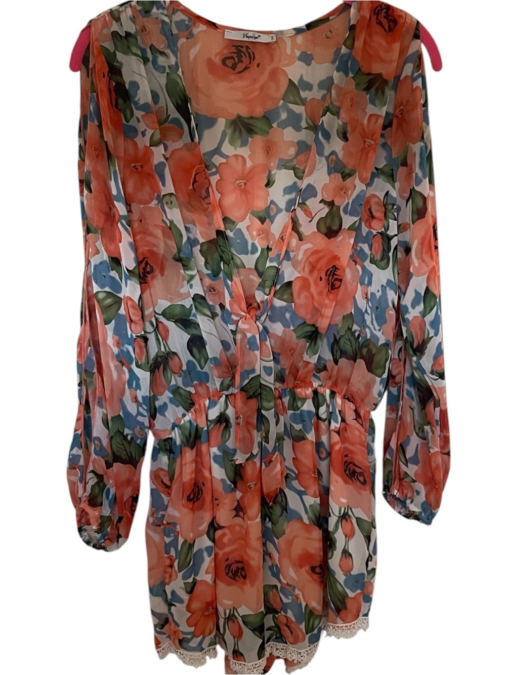 PAPAYA BOHO VACATION CHIFFON LONG SPLIT SLEEVE LACE ROMPER SZ MED EUC